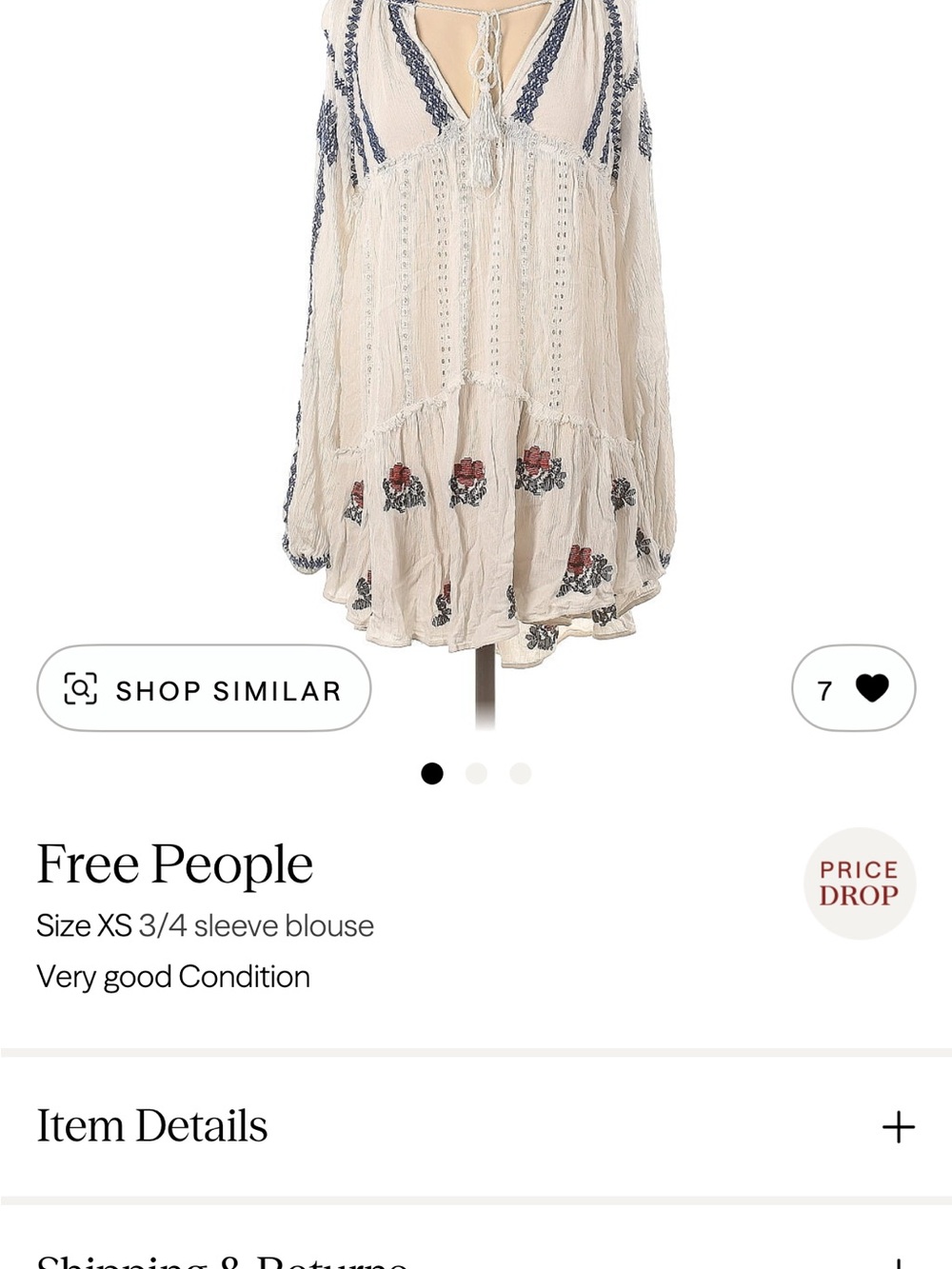 Free People Cream Boho Tunic with Navy Accents and Rose Embroidery